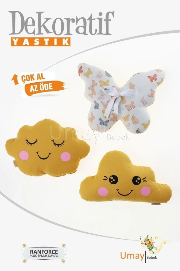 Umaybebek Bebek Çocuk Odası Dekoratif Yastık, Kelebek Yastık, Bulut Yastık, Dekor Yastık, Uyku Arkadaşı - Hardal Kelebek