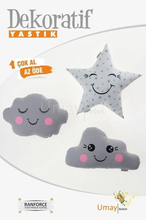 Umaybebek Bebek Çocuk Odası Dekoratif Yastık, Yıldız Yastık, Bulut Yastık, Dekor Yastık, Uyku Arkadaşı - Gri Yıldız