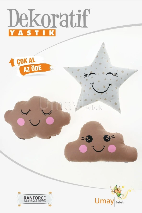 Umaybebek Bebek Çocuk Odası Dekoratif Yastık, Yıldız Yastık, Bulut Yastık, Dekor Yastık, Uyku Arkadaşı - Kahve Yıldız
