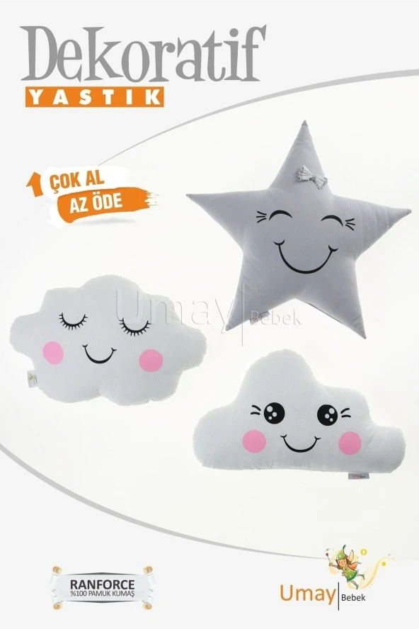 Umaybebek Bebek Çocuk Odası Dekoratif Yastık, Yıldız Yastık, Bulut Yastık, Dekor Yastık, Uyku Arkadaşı - Fiyonklu Yıldız