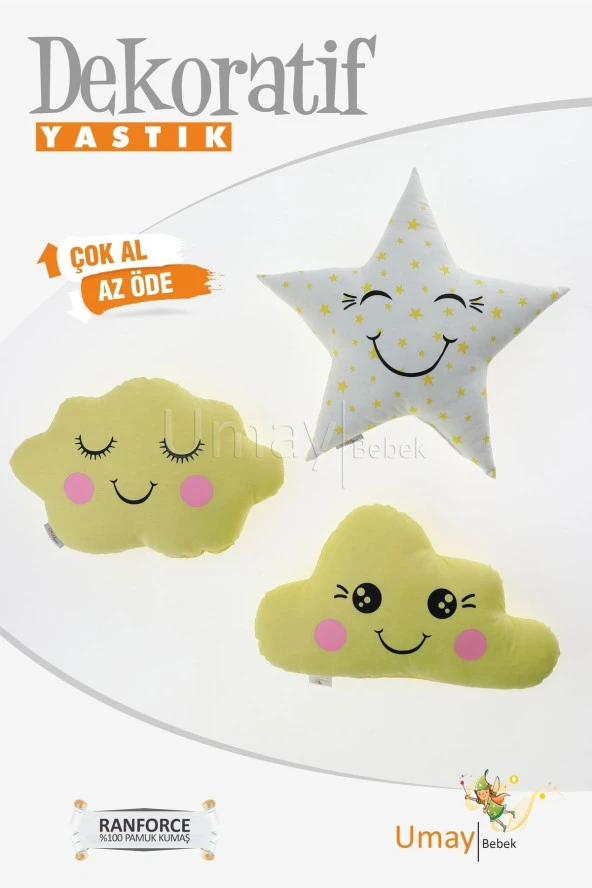 Umaybebek Bebek Çocuk Odası Dekoratif Yastık, Yıldız Yastık, Bulut Yastık, Dekor Yastık, Uyku Arkadaşı - Sarı Yıldız