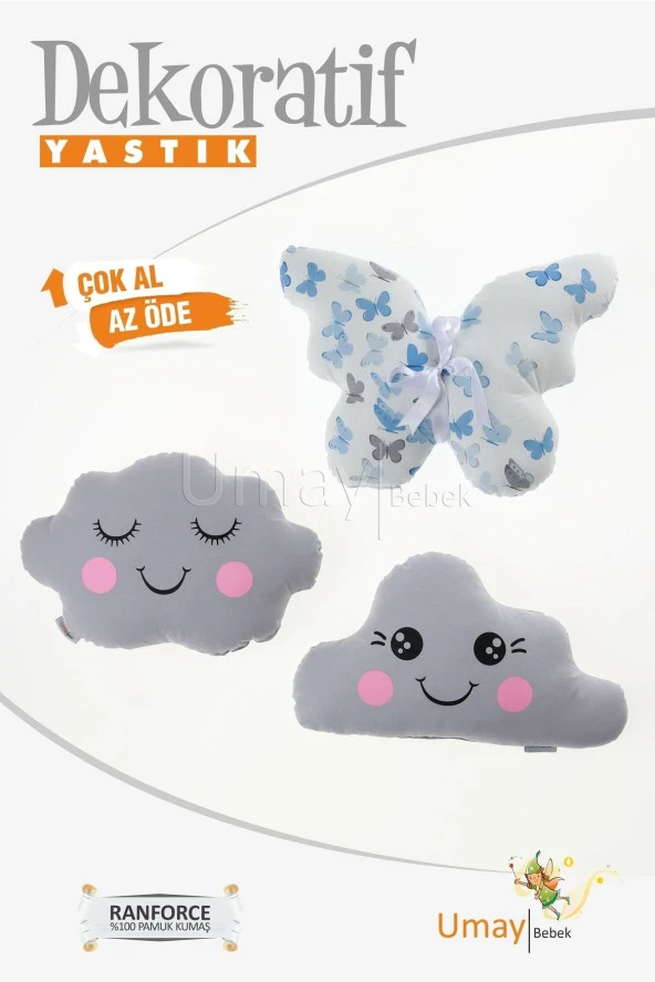 Umaybebek Bebek Çocuk Odası Dekoratif Yastık, Kelebek Yastık, Bulut Yastık, Dekor Yastık, Uyku Arkadaşı - Mavi/Gri Kelebek