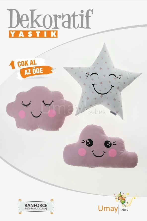 Umaybebek Bebek Çocuk Odası Dekoratif Yastık, Yıldız Yastık, Bulut Yastık, Dekor Yastık, Uyku Arkadaşı - PUDRA