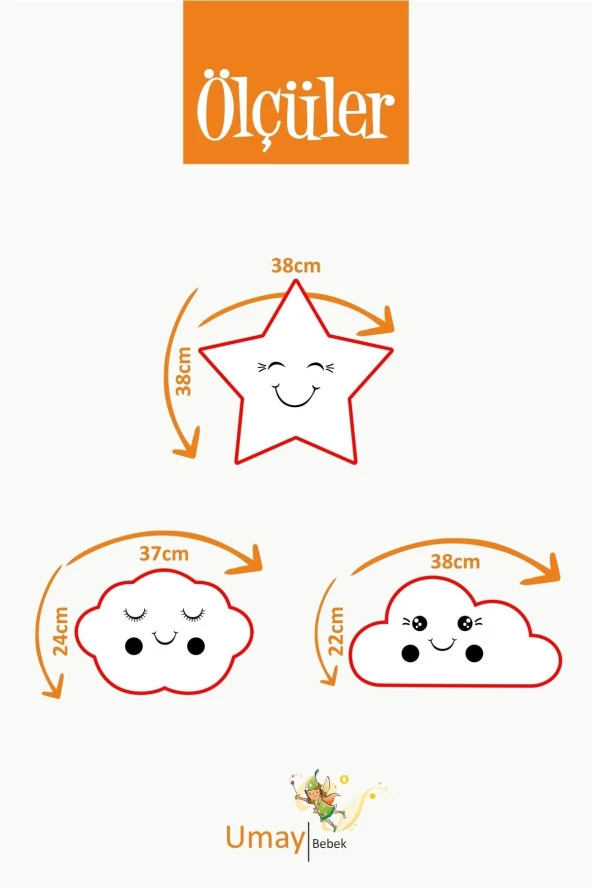 Umaybebek Bebek Çocuk Odası Dekoratif Yastık, Yıldız Yastık, Bulut Yastık, Dekor Yastık, Uyku Arkadaşı - Sarı Yıldız - 2