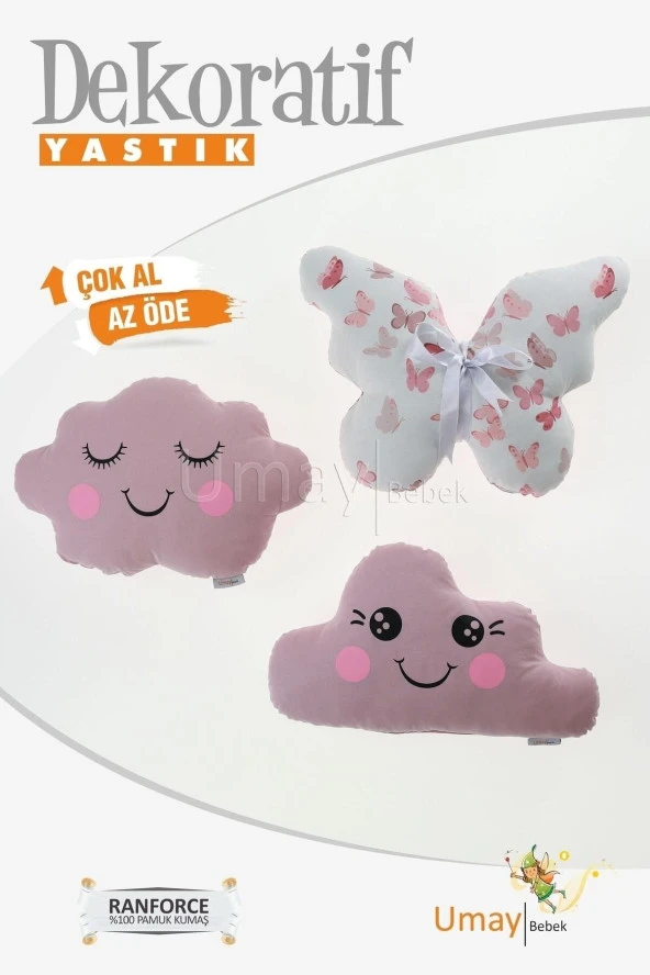 Umaybebek Bebek Çocuk Odası Dekoratif Yastık, Kelebek Yastık, Bulut Yastık, Dekor Yastık, Uyku Arkadaşı - Pudra Kelebek