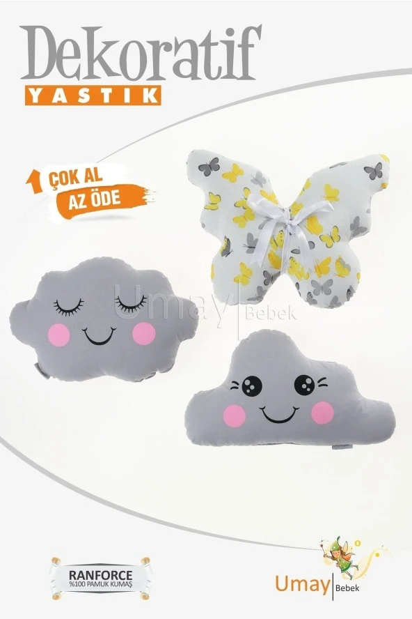 Umaybebek Bebek Çocuk Odası Dekoratif Yastık, Kelebek Yastık, Bulut Yastık, Dekor Yastık, Uyku Arkadaşı - Gri/Sarı Kelebek