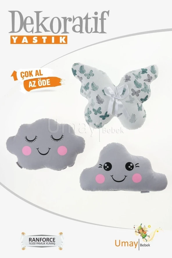 Umaybebek Bebek Çocuk Odası Dekoratif Yastık, Kelebek Yastık, Bulut Yastık, Dekor Yastık, Uyku Arkadaşı - Yeşil Kelebek