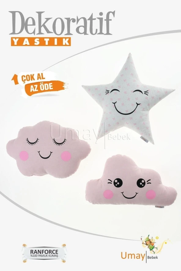 Umaybebek Bebek Çocuk Odası Dekoratif Yastık, Yıldız Yastık, Bulut Yastık, Dekor Yastık, Uyku Arkadaşı - Bebepembe Yıldız