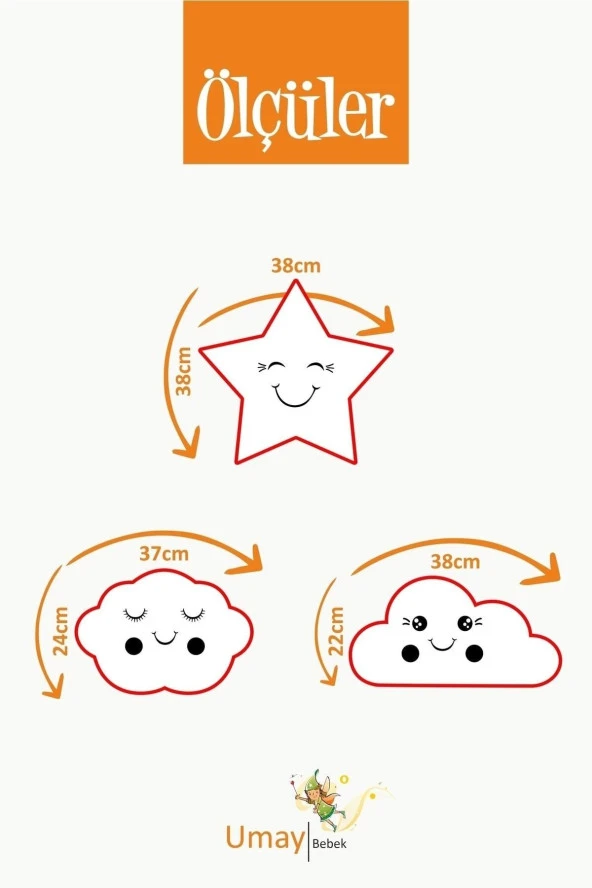 Umaybebek Bebek Çocuk Odası Dekoratif Yastık, Yıldız Yastık, Bulut Yastık, Dekor Yastık, Uyku Arkadaşı - Fiyonklu Yıldız - 2