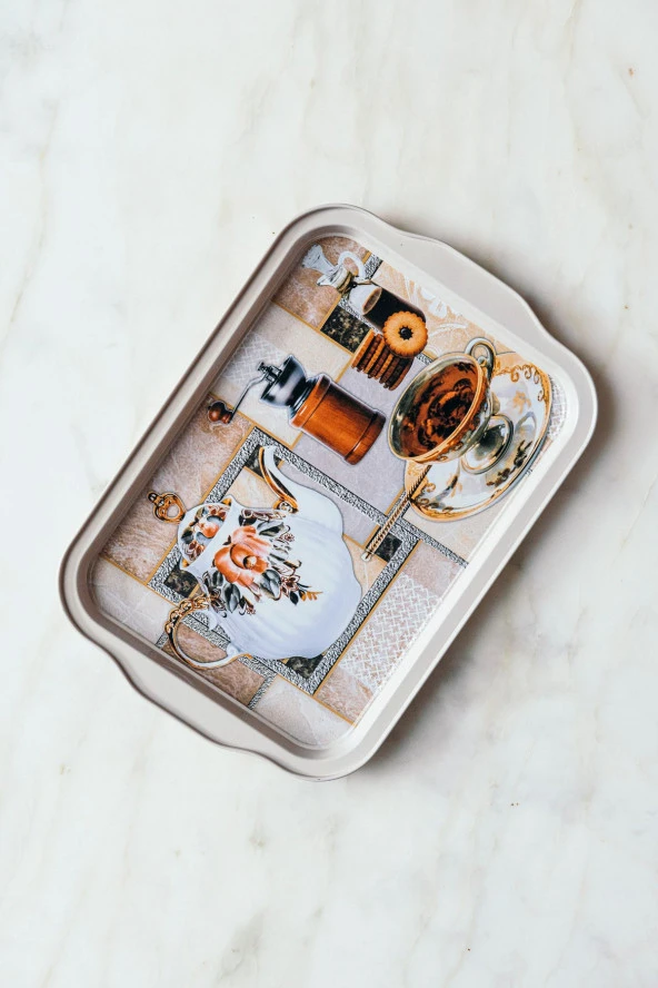 Klasik Çay Saati Temalı Küçük Boy Dekoratif Metal Tepsi 25 cm - 2