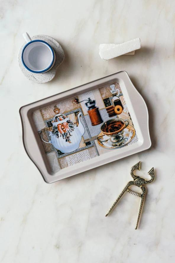 Klasik Çay Saati Temalı Küçük Boy Dekoratif Metal Tepsi 25 cm - 4