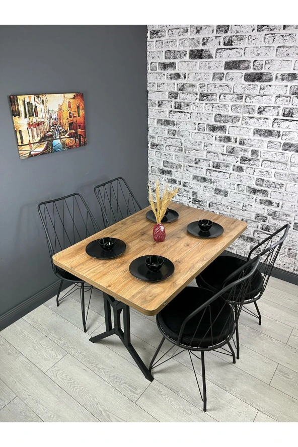 Hey Modüler Mobilya Handan Ceviz Mutfak Yemek Masası Balkon Masası Kavisli Köşe Metal Siyah Ayak 110*70 cm