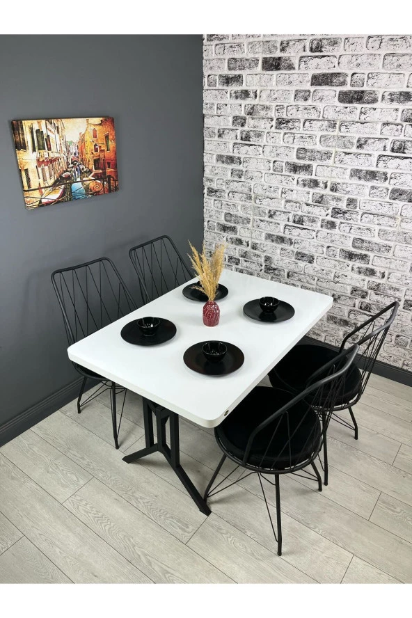 Hey Modüler Mobilya Handan Beyaz Siyah Mutfak Yemek Masası Balkon Masası Kavisli Köşe Metal Siyah Ayak 110*70 cm