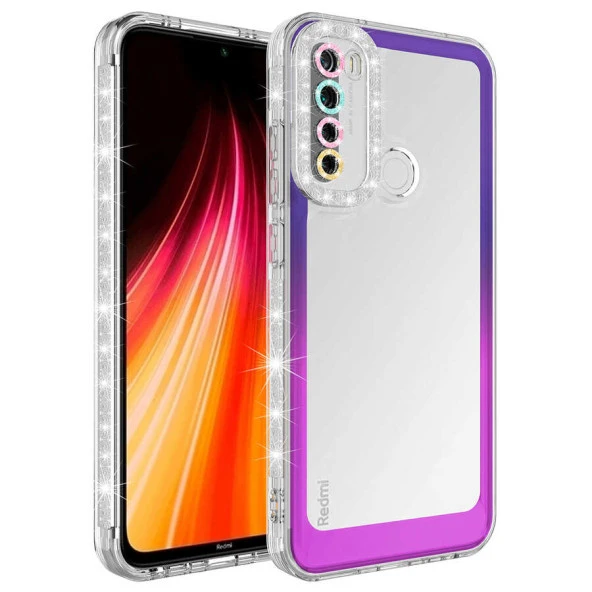 Xiaomi Redmi Note 8 - Kılıf Simli ve Renk Geçiş Tasarımlı Lens Korumalı Park Kapak