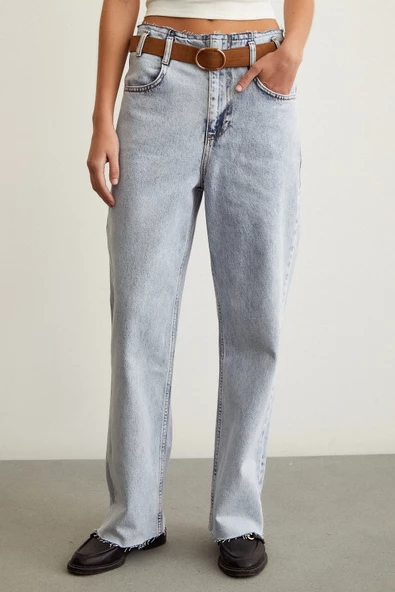 Beli Dikişsiz Kemerli Pantolon Mavi - Resim 4