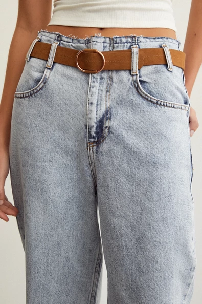 Beli Dikişsiz Kemerli Pantolon Mavi - Resim 5