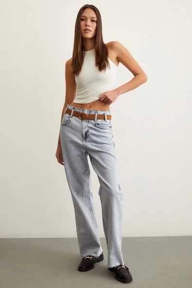 Beli Dikişsiz Kemerli Pantolon Mavi - Resim 3