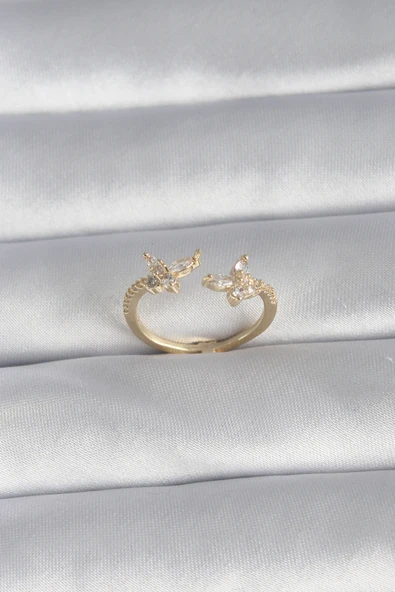 Pirinç Gold Renk Zirkon Taşlı Kelebek Model Kadın Yüzük - TJ-BYK3008 - 1