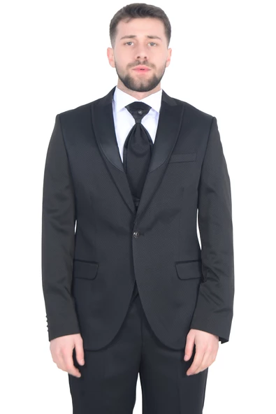 Cengiz İnler Armürlü Desen Kırlangıç Yaka Yelekli Damatlık - 5