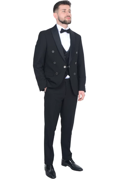 Cengiz İnler Kruvaze Saten Şal Yaka Yelekli Damatlık - 8