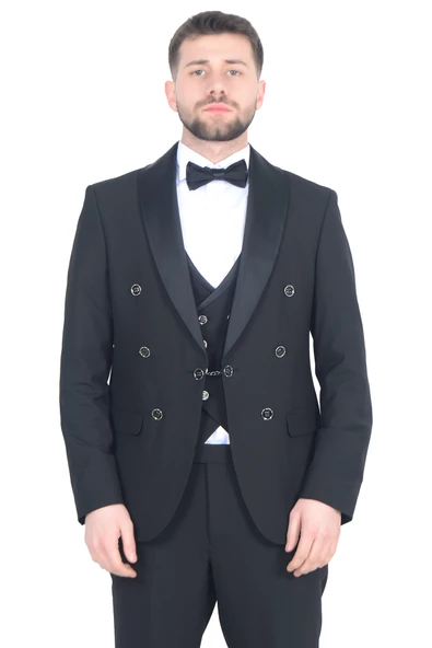 Cengiz İnler Kruvaze Saten Şal Yaka Yelekli Damatlık - 4