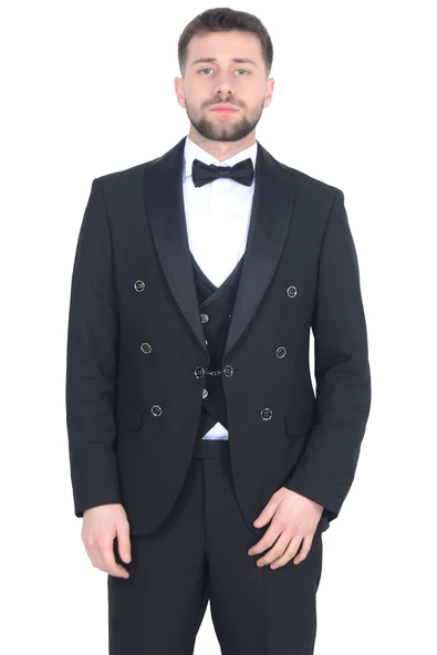 Cengiz İnler Kruvaze Saten Şal Yaka Yelekli Damatlık - 3