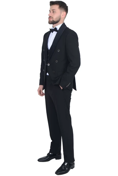 Cengiz İnler Kruvaze Saten Şal Yaka Yelekli Damatlık - 2