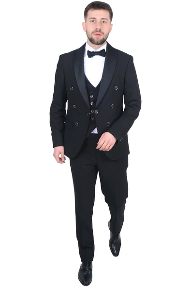 Cengiz İnler Kruvaze Saten Şal Yaka Yelekli Damatlık - 6