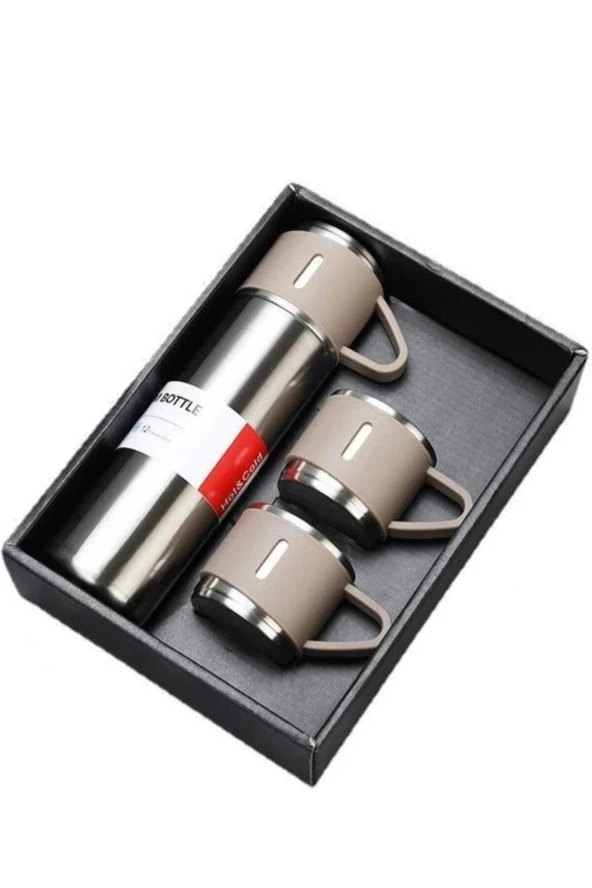Stanlies Vacuum Flask Set Üç Bardaklı Kutulu Seti Krem/ Gümüş