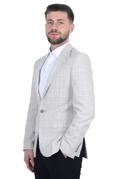 Cengiz İnler Kırlangıç Yaka Çift Düğme Çizgili Ekose Slim Fit Erkek Ceket - 7