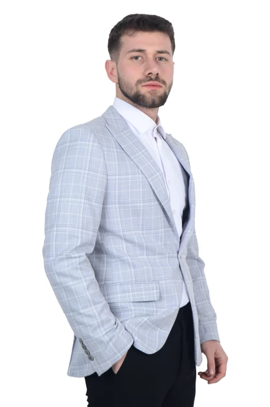 Cengiz İnler Kırlangıç Yaka Çift Düğme Çizgili Ekose Slim Fit Erkek Ceket - 3