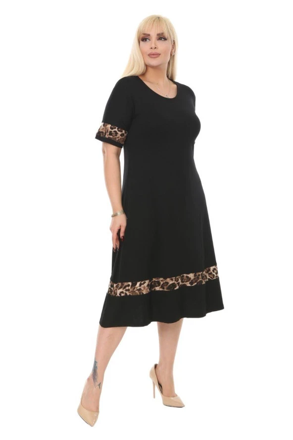 Melsay Butik Leopar Şeritli Siyah Kadın Büyük Beden Midi Elbise