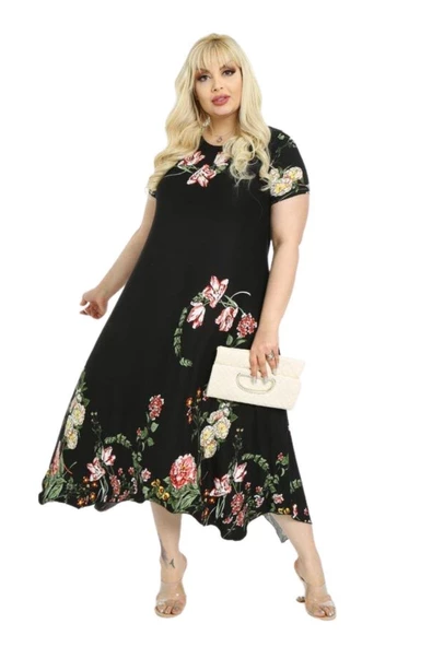 Melsay Butik Pembe Çiçekli Asimetrik Siyah Kısa Kollu Uzun Elbise - 5