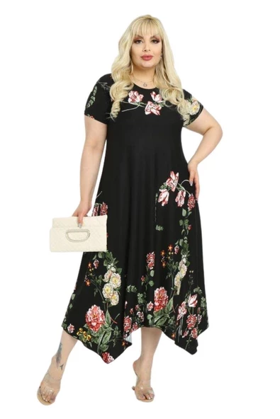 Melsay Butik Pembe Çiçekli Asimetrik Siyah Kısa Kollu Uzun Elbise - 1