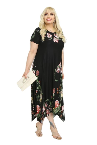 Melsay Butik Pembe Çiçekli Asimetrik Siyah Kısa Kollu Uzun Elbise - 2