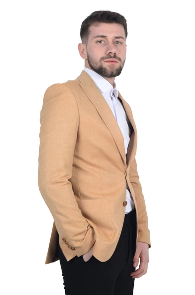 Cengiz İnler Kendinden Desenli Kırlangıç Yaka Torba Cepli Slim Fit Erkek Ceket - Resim 4