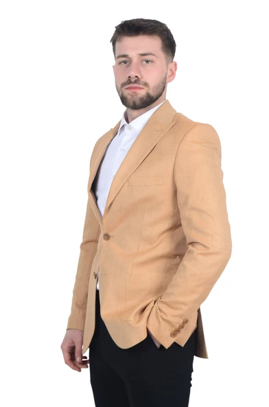 Cengiz İnler Kendinden Desenli Kırlangıç Yaka Torba Cepli Slim Fit Erkek Ceket - Resim 3