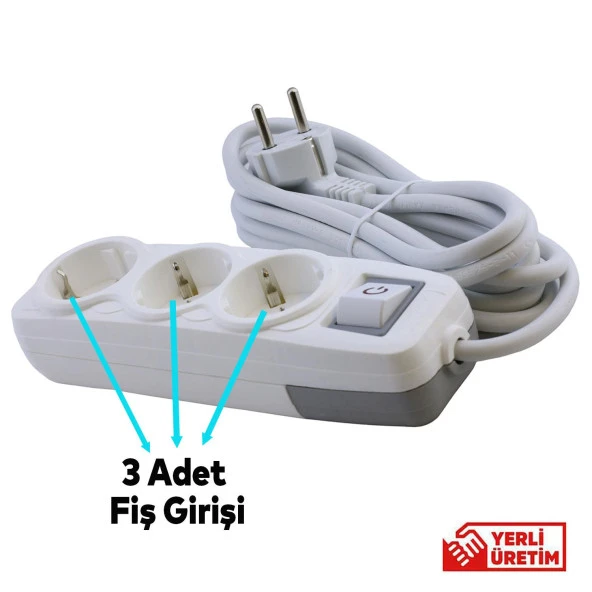 Anahtarlı Grup Priz 3'lü Topraklı 3 Metre Seyyar Ara Kablolu Uzatma Kablolusu Üçlü Piriz - 4