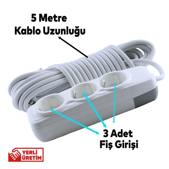 3'lü Grup Priz Anahtarsız Topraklı 5 Metre Seyyar Ara Kablolu Uzatma Kablolusu Üçlü Piriz - 2