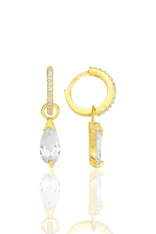 Gümüş altın yaldızlı damla kesim zirkon taşlı halka küpe SGTL12254GOLD - 1