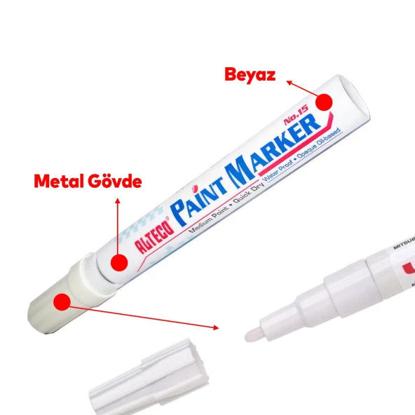 Markalama Kalemi Markör Kalıcı İşaretleyici Marker Beyaz Kalem Metal Plastik Cam Ahşap Yüzey - 3