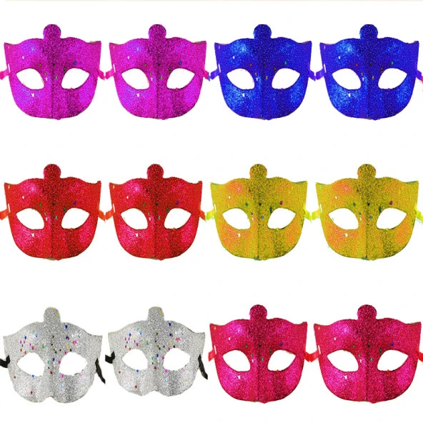 Simli Metalize İşlemeli Maskeli Balo Partisi 6 Renk Maske 12 Adet