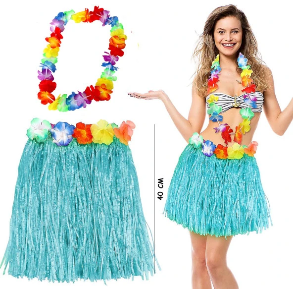 Hawaii Luau Aloha Mavi Püsküllü 40 cm Etek ve Hawaii Kolye Seti