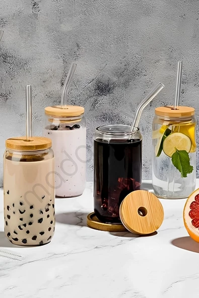 4lü Bambu Kapaklı Pipetli Cam Bardak Isıya Dayanıklı Borosilikat Kola Şekilli Kahve Sunum Bardağı - Resim 5