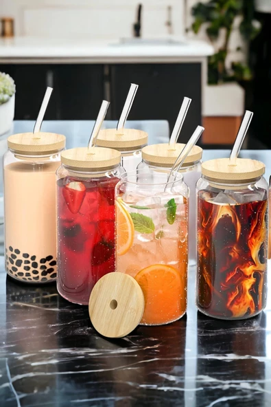 6'lı Bambu Kapaklı Pipetli Cam Bardak Isıya Dayanıklı Borosilikat Kola Şekilli Kahve Sunum Bardağı - Resim 6