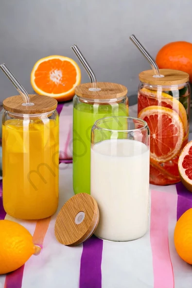 4lü Bambu Kapaklı Pipetli Cam Bardak Isıya Dayanıklı Borosilikat Kola Şekilli Kahve Sunum Bardağı - Resim 6