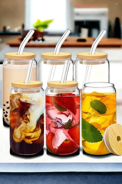 6'lı Bambu Kapaklı Pipetli Cam Bardak Isıya Dayanıklı Borosilikat Kola Şekilli Kahve Sunum Bardağı - Resim 5