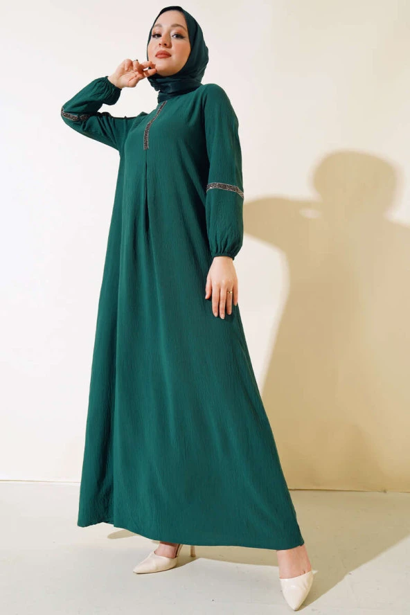 Taşlı Ayrobin Elbise Zümrüt Yeşil