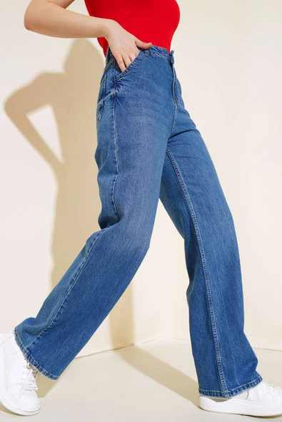 Yüksek Bel Baggy Pantolon Mavi - Resim 3