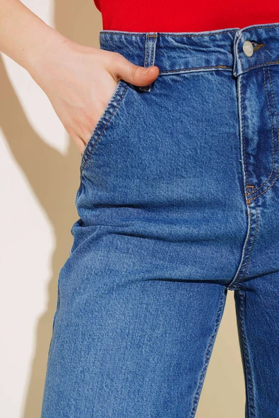 Yüksek Bel Baggy Pantolon Mavi - Resim 4